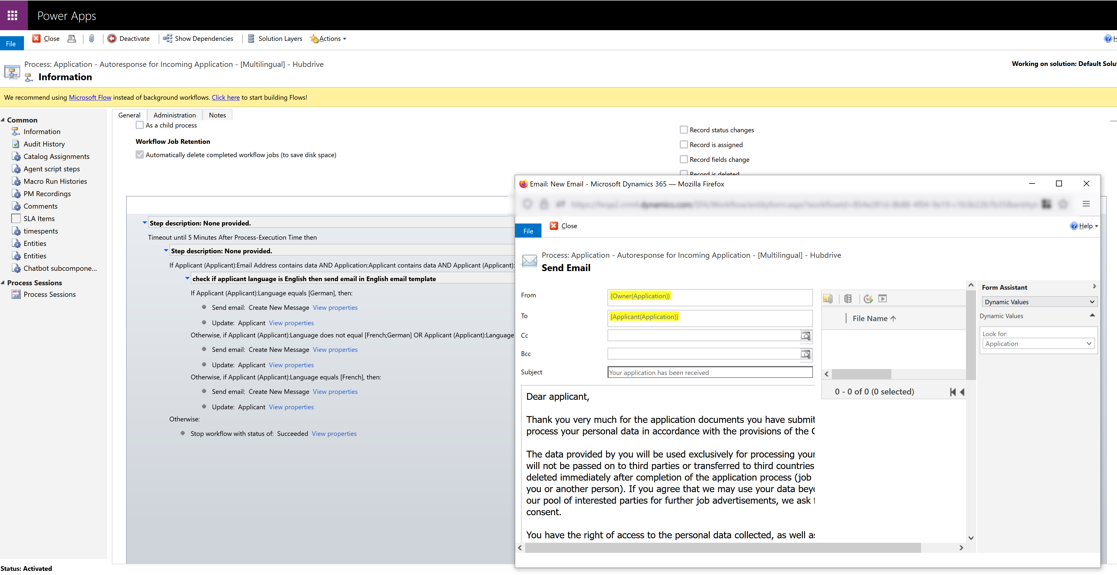 Configure EMail for automated response on application